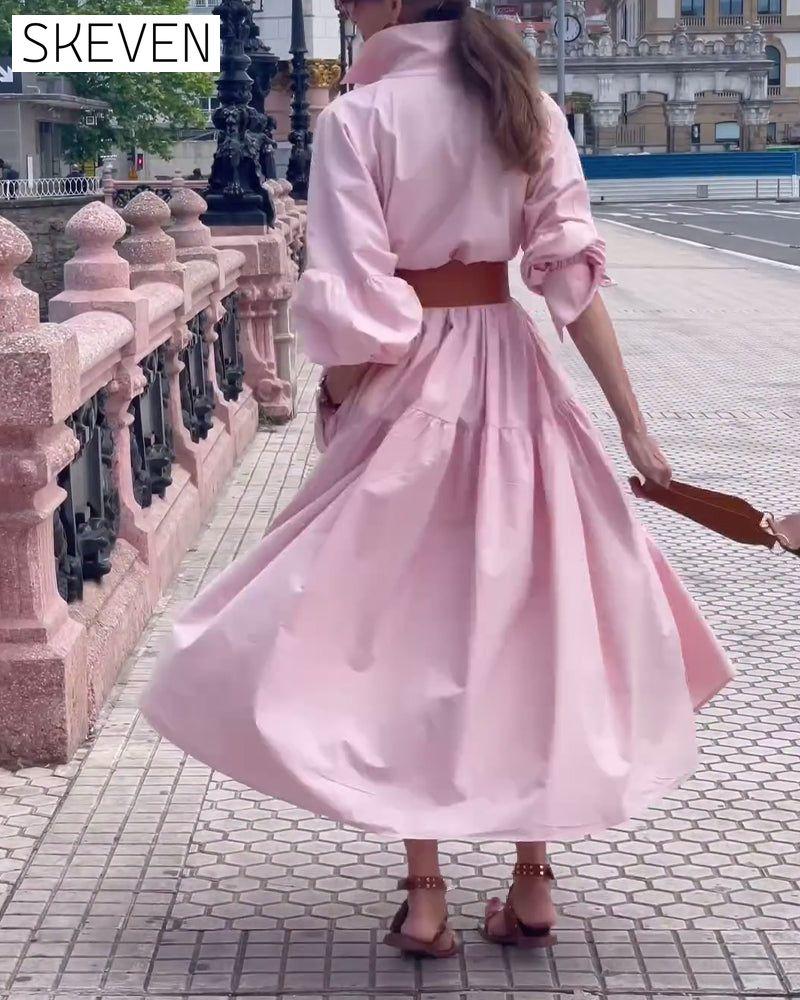 Solid color lapel wide swing dress 202466 casual dresses spring summer