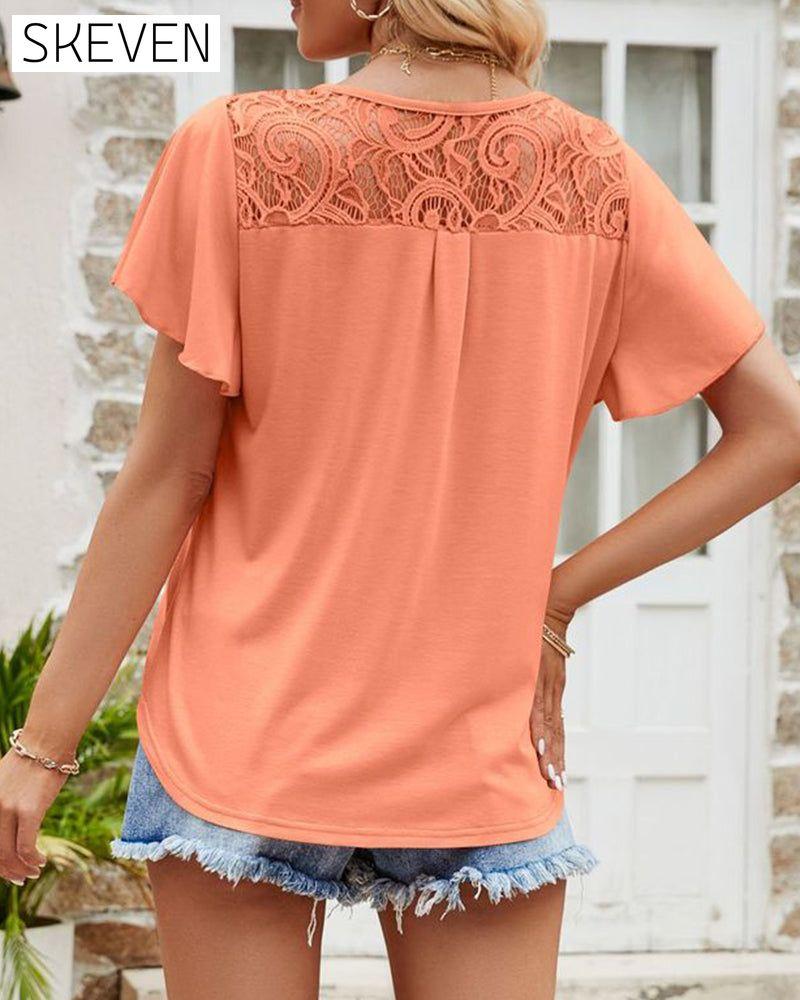 Mesh lace stitching solid color short-sleeved top