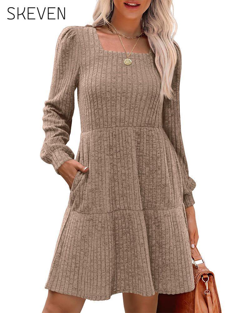 🍂2025 Autumn New Style⏰Women's Square Neck Lantern Sleeve Ribbed Dress