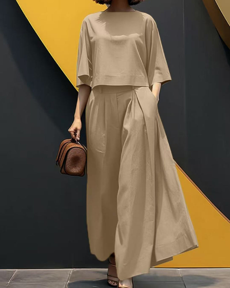 Solid Three-Quarter Sleeve Long Pants Two-Piece Set