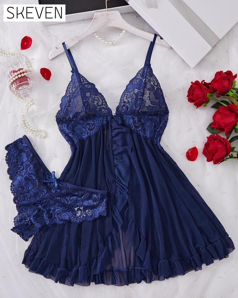 Ladies' Sexy Ruffle Trim Lace Cami Nightdress & Bow Decor Panty Set