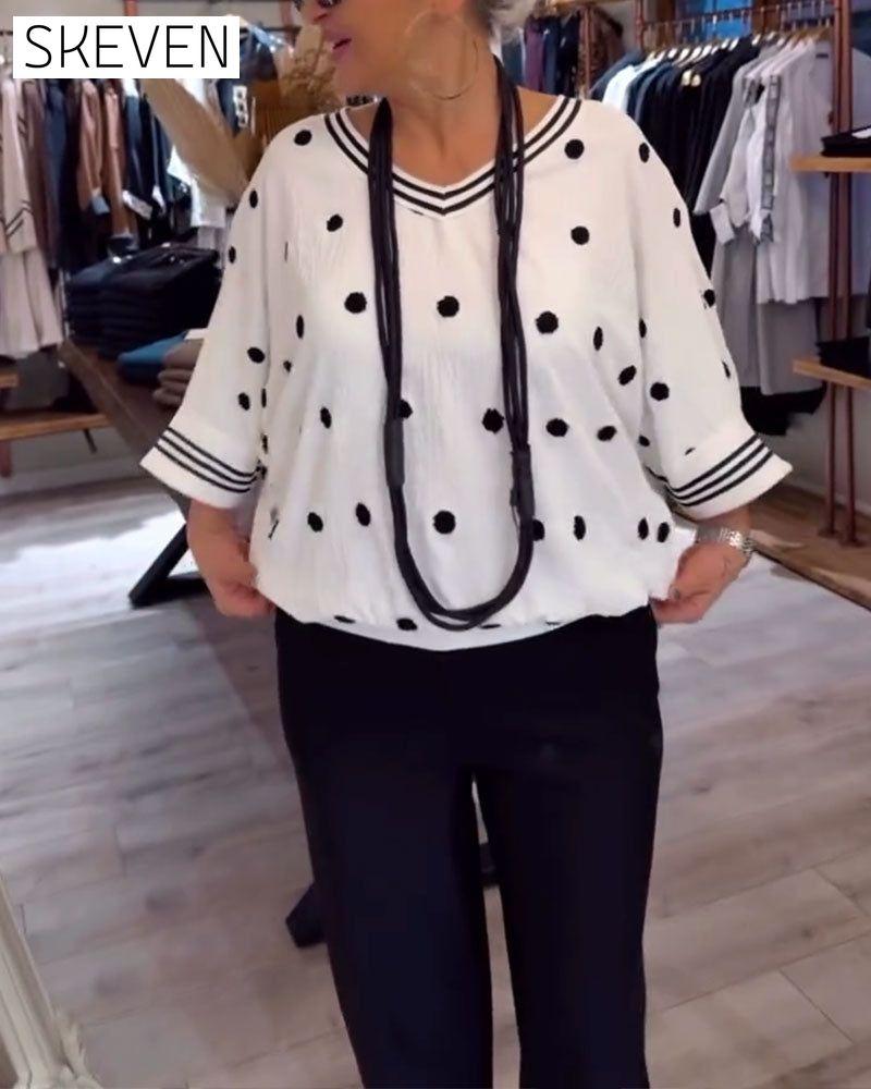 Lockere Bluse mit V-Ausschnitt und Polka-Dots