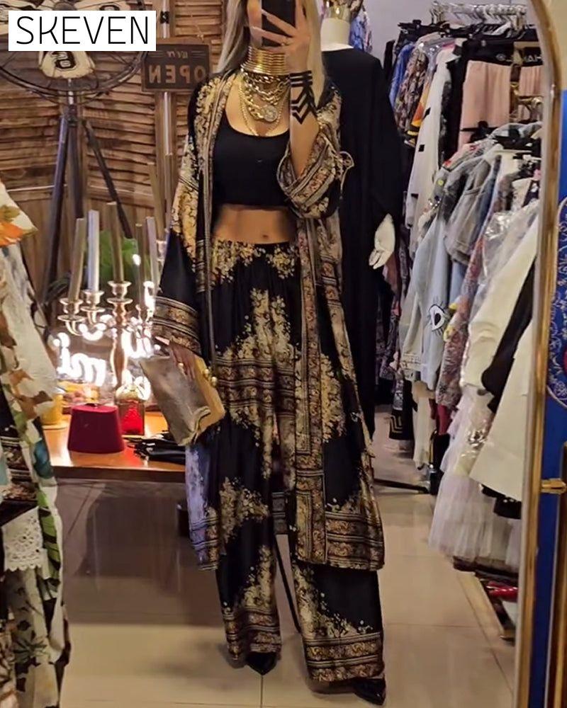 Vintage print coat and pants two-piece set spring summer two-piece sets