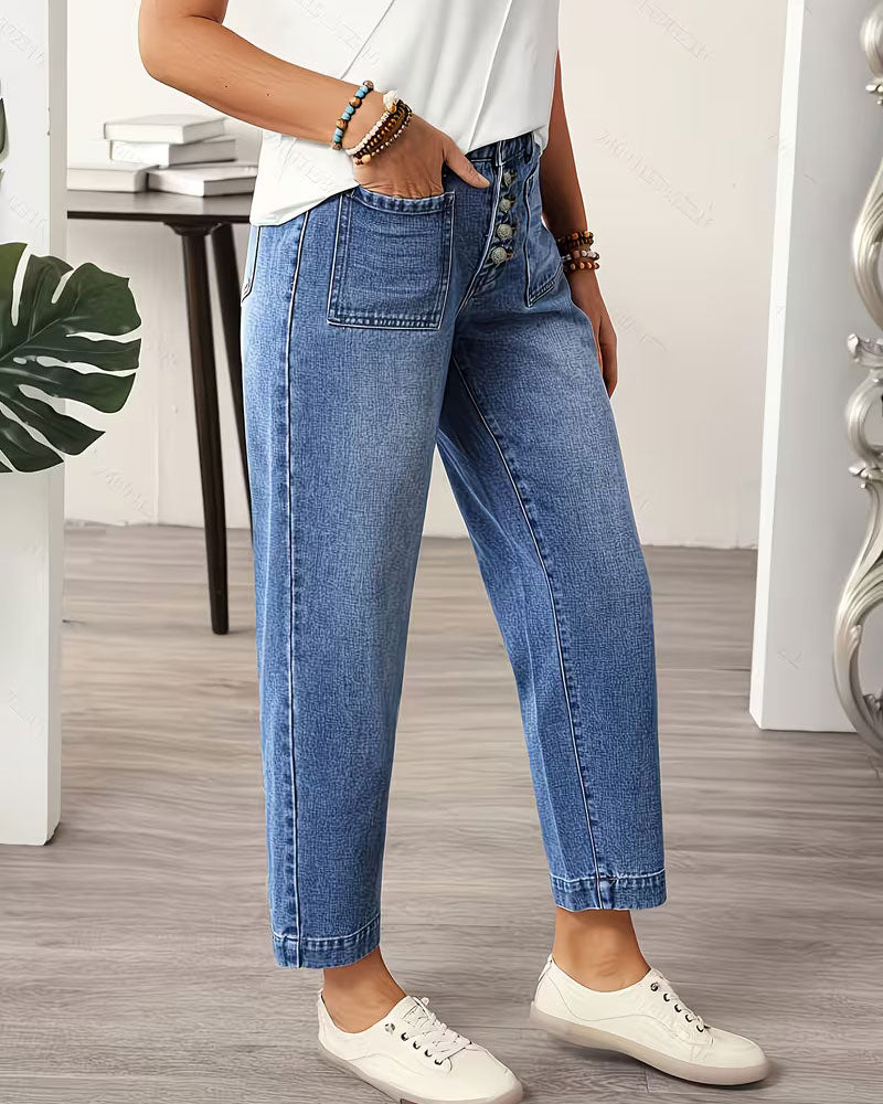 Solid-Color Pocket Button-Fly Jeans