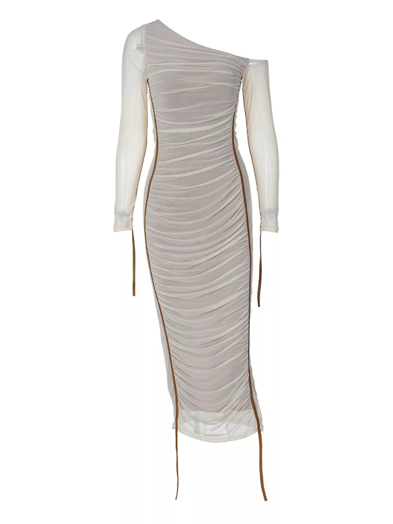 Einseitig schulterfreies, gerafftes, figurbetontes Midikleid