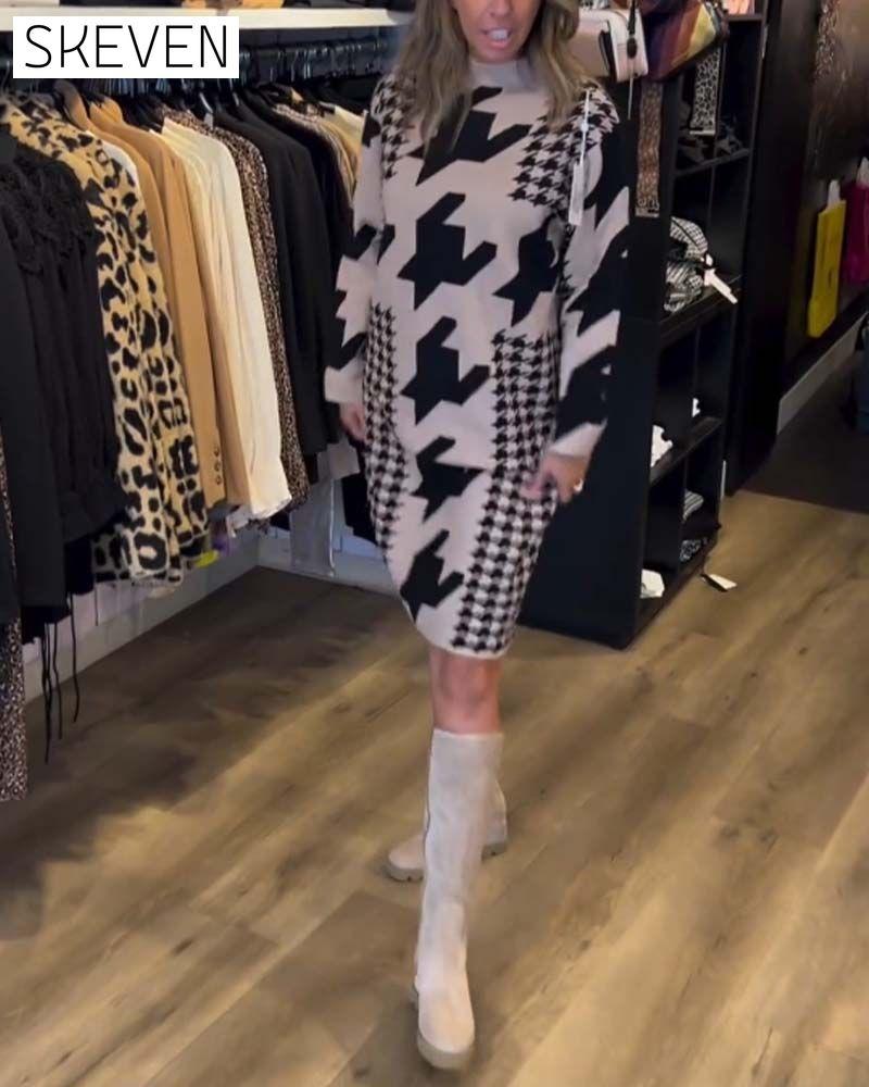 Houndstooth long sleeve dress