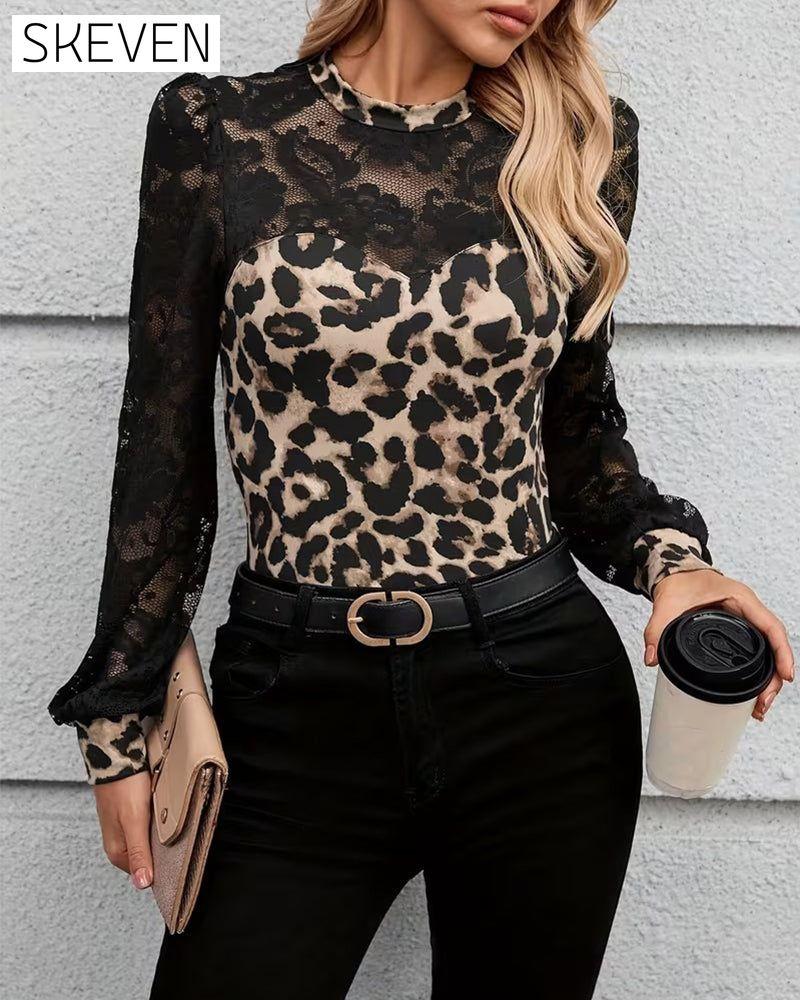 Elegant Leopard Print Lace Long-Sleeve T-Shirt