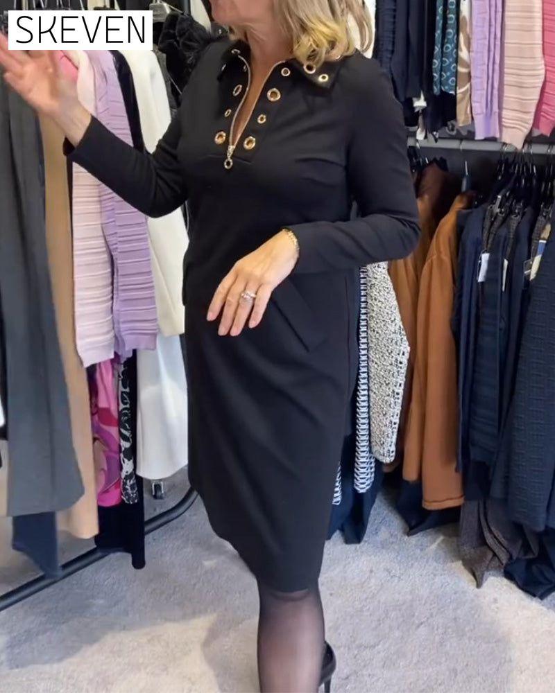 Kleid mit Reißverschluss am Revers und langen Ärmeln
