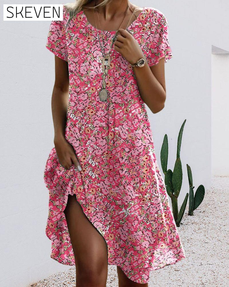 Kleid mit Rundhalsausschnitt, kurzen Ärmeln und Blumenmuster