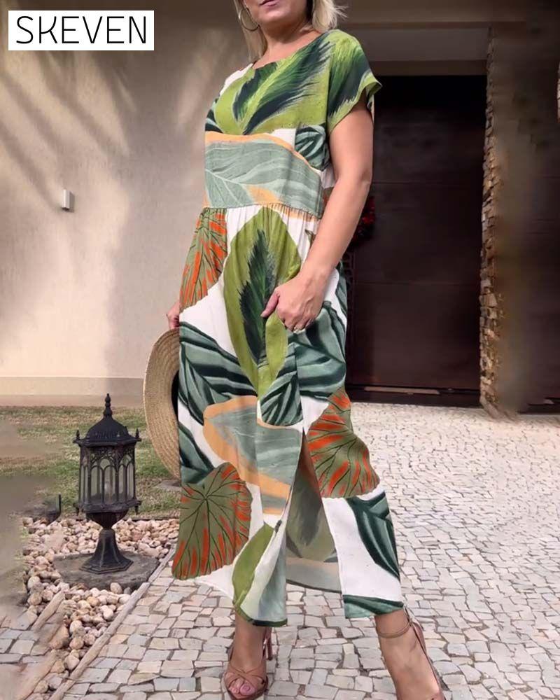 Leaf print short sleeve slit dress