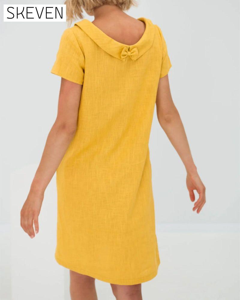 Double Collar Bowknot Cotton and Linen Dress