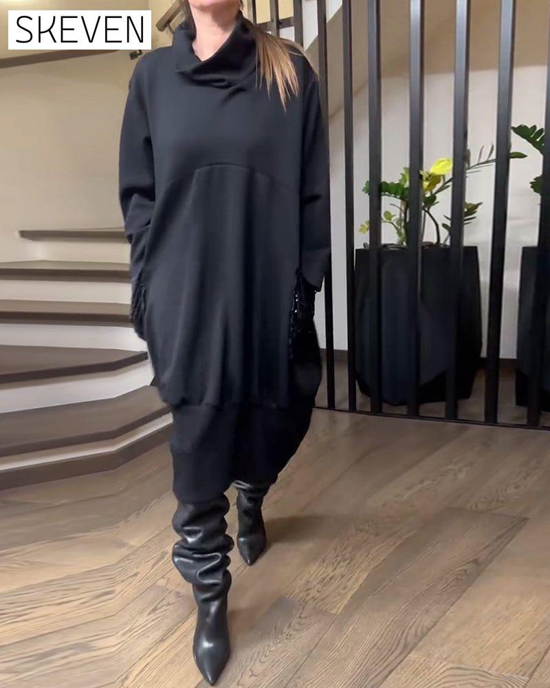Paillettenbesetztes Sweatshirtkleid mit hohem Kragen und Taschen in Übergröße (Plus Size)