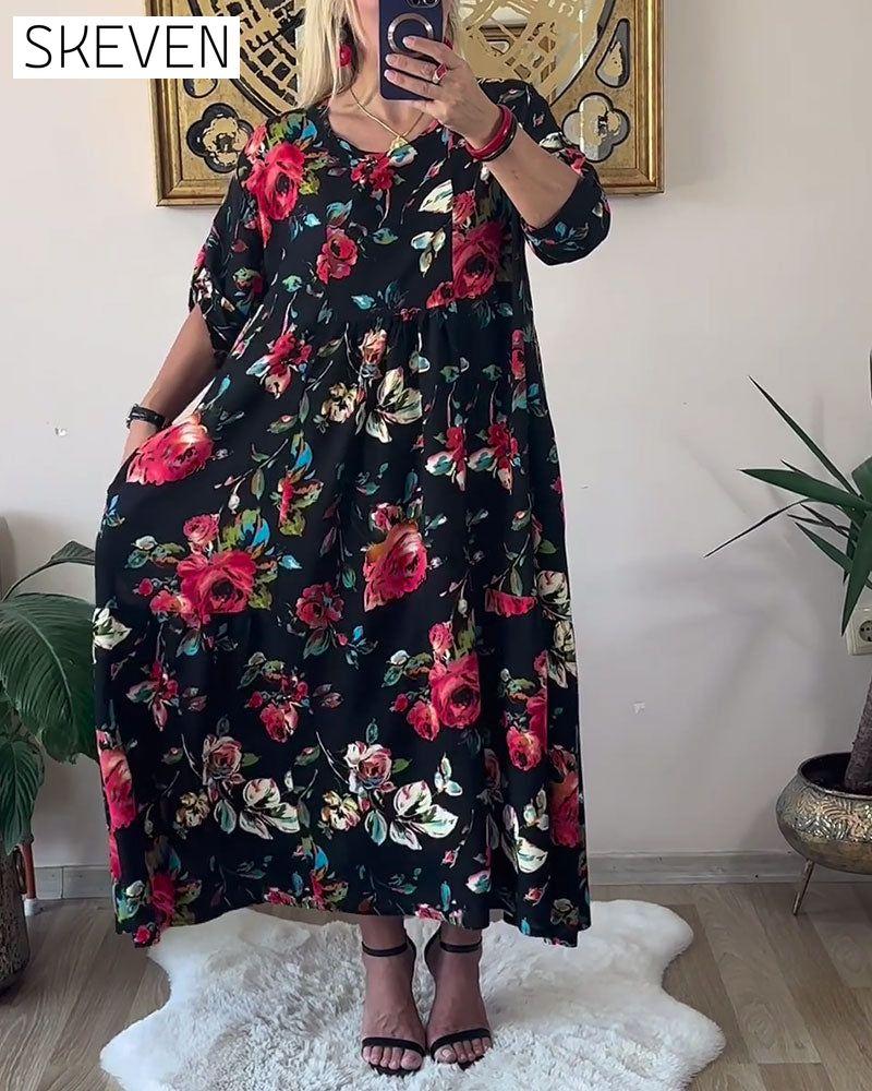 Loose Oversized Round Neck Printed Dress