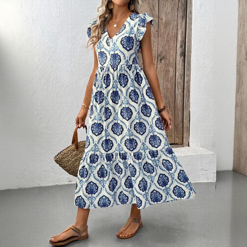 Printed Ruffled Cap Sleeves Midi Dress