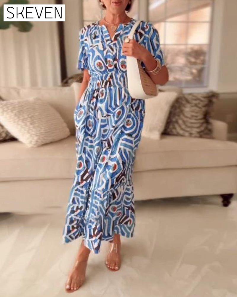 Bedrucktes Kurzarmkleid mit Taillenbund