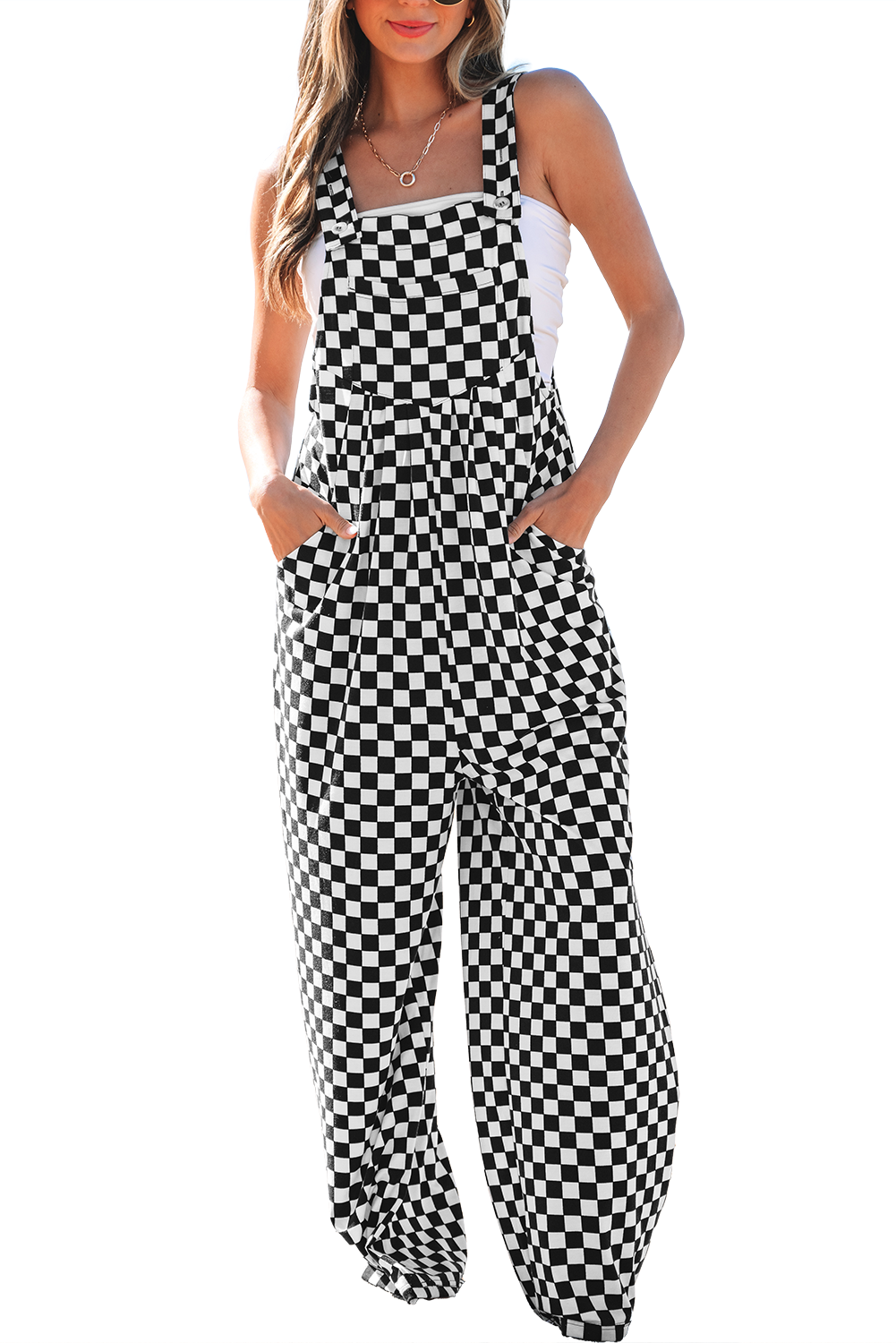 Blue Zone Planet | Schwarzer Jumpsuit mit Karomuster, Taschen und weitem Bein