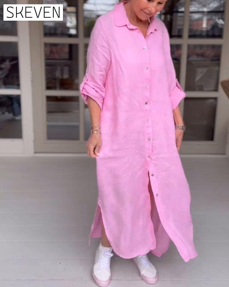 robe décontractée à revers boutonné couleur unie