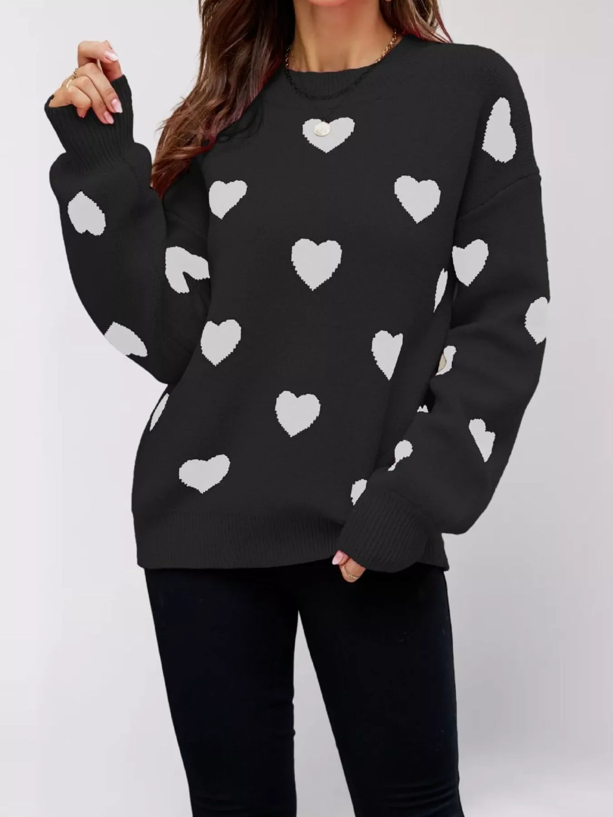 Heart-Patterned Dropped Shoulder Sweater