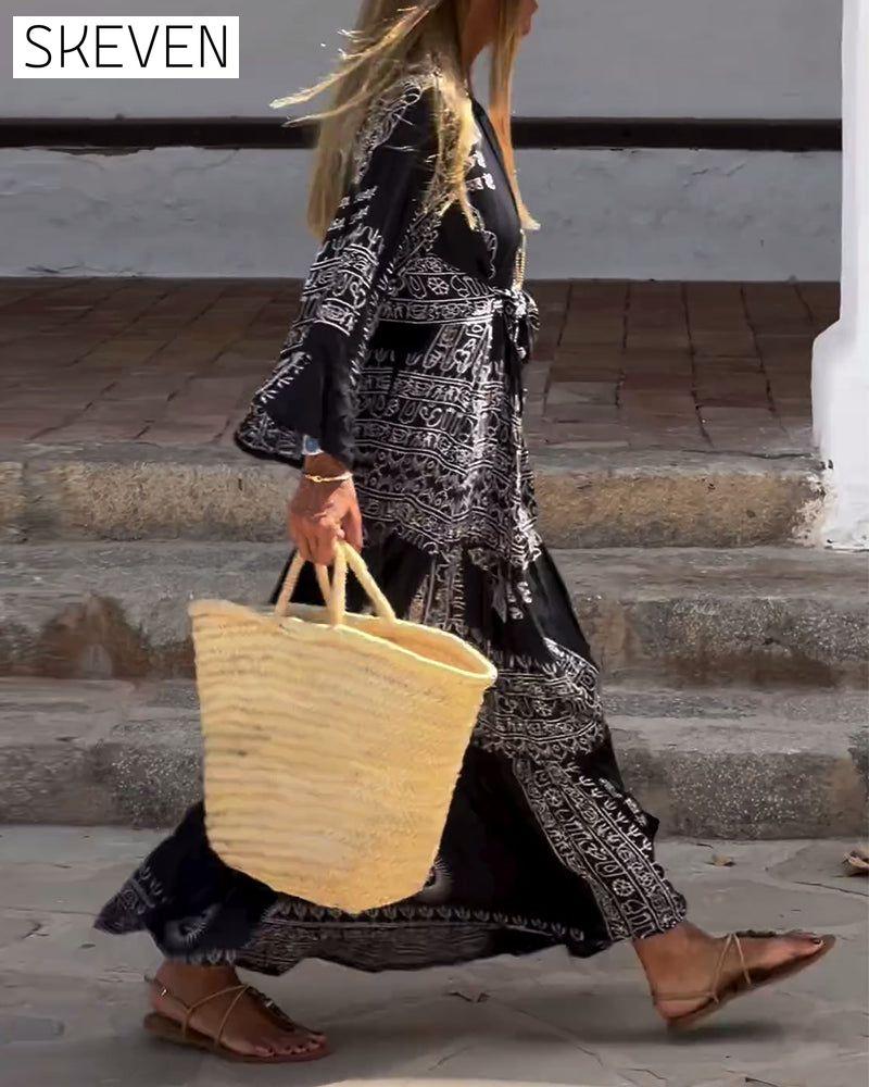 Retro contrast print long sleeve casual dress casual dresses spring summer vacation dresses