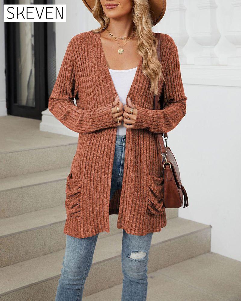 Casual solid color pocket long sleeve cardigan