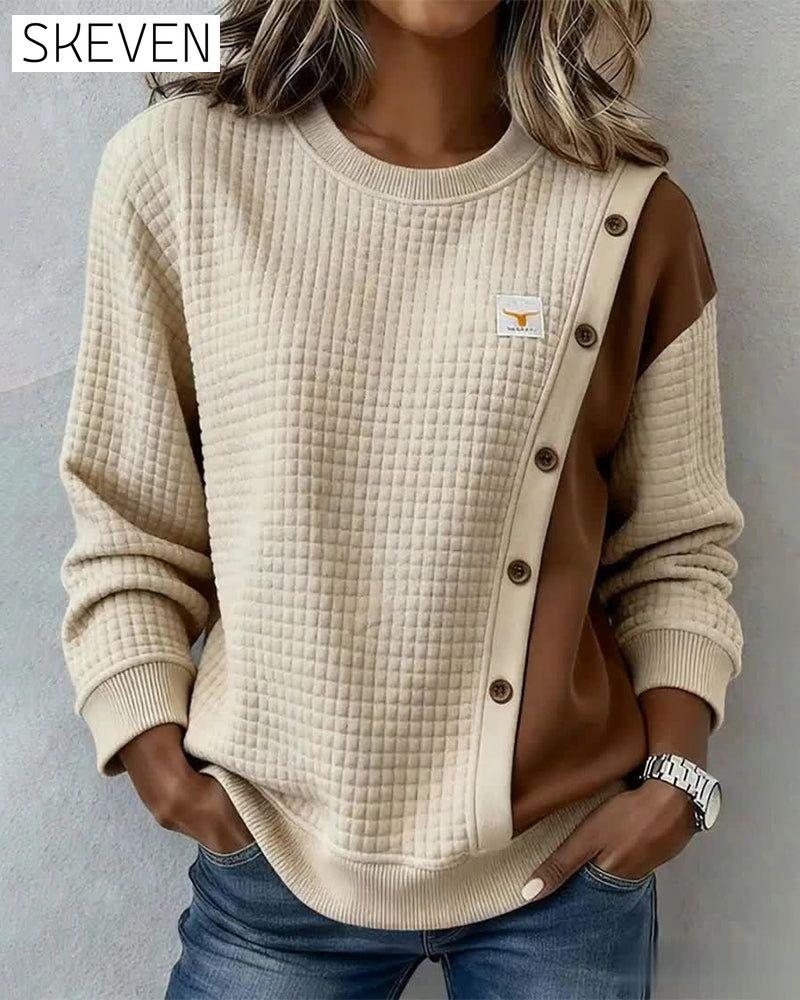Long-Sleeved Waffle Color-Blocked Sweatshirt