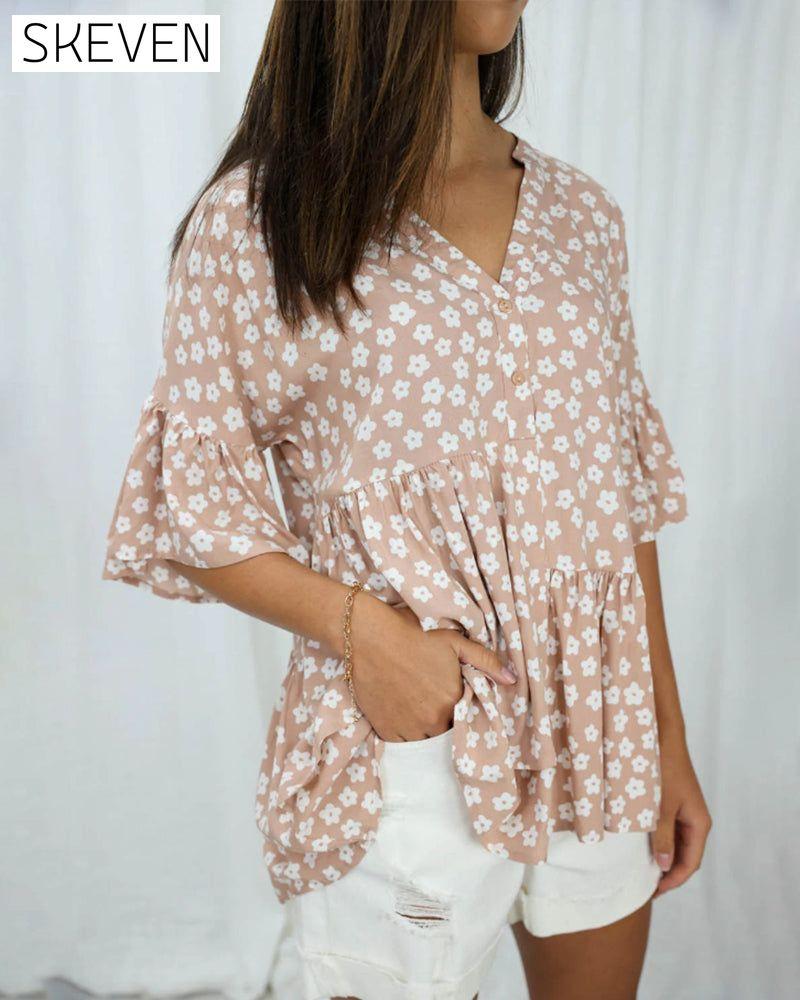 Bluse mit V-Ausschnitt, Trompetenärmeln und Blumenmuster