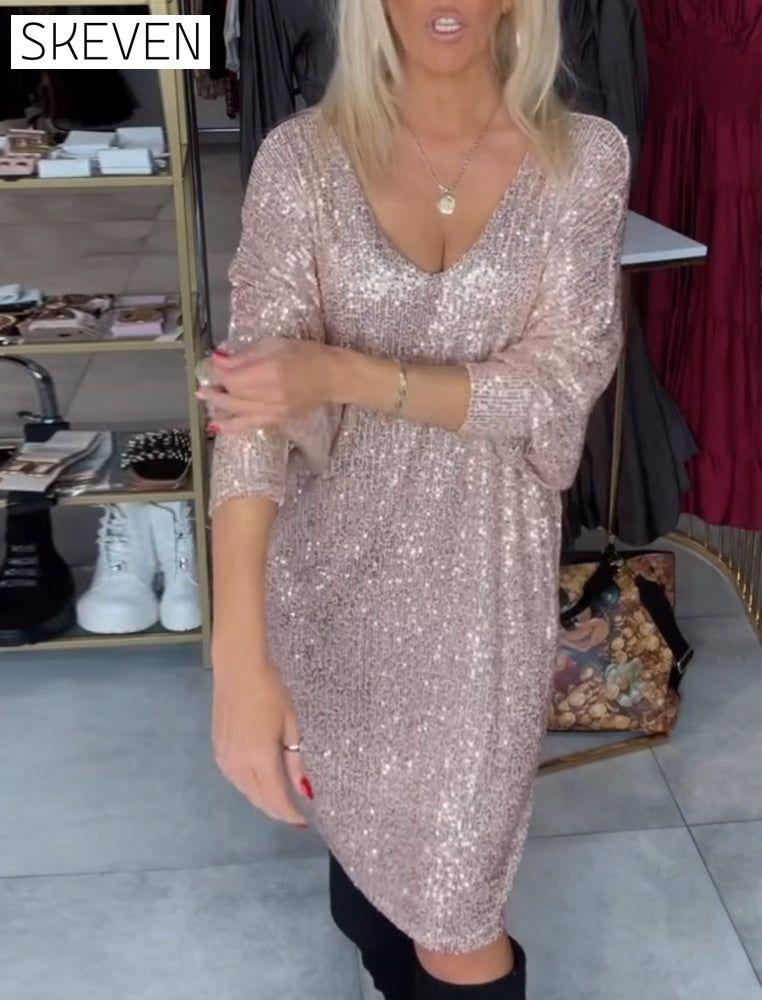 Batwing Sleeve Deep V Sequin Dress