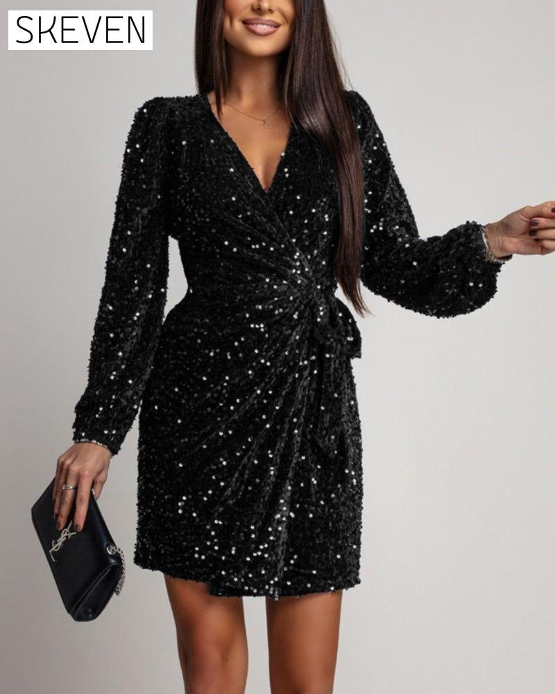 Robe tendance à sequins, col en V et manches lanternes