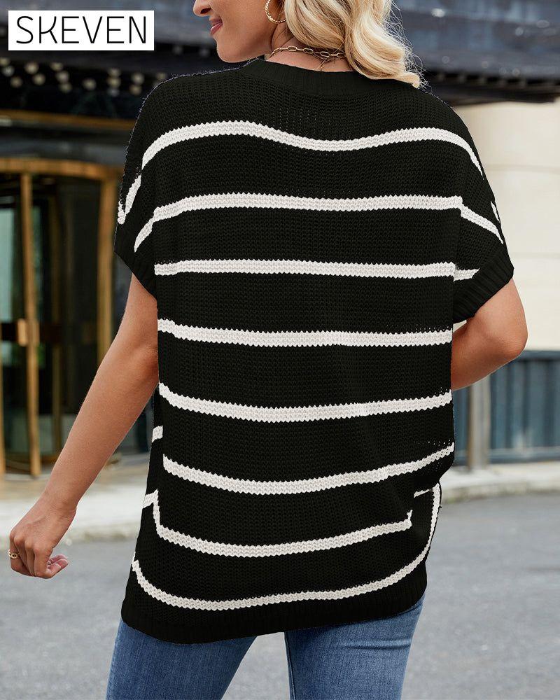 Striped Drop Shoulder Short Sleeve Sweater