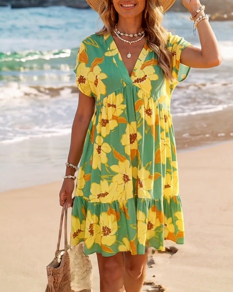 V-Neck Floral Print Babydoll Dress