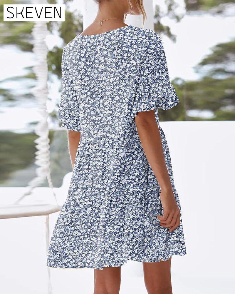 Kleid mit Rüschenärmeln, V-Ausschnitt und Blumenmuster