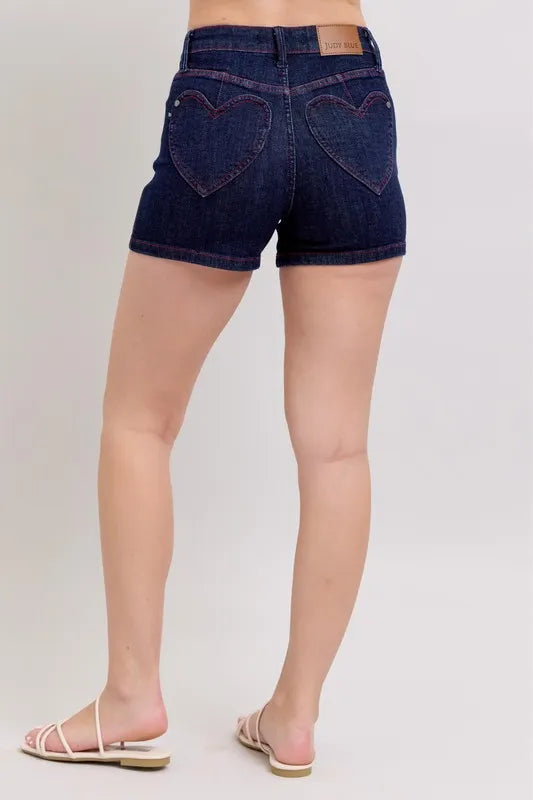 Judy Blue High Waist Heart Shaped Pkts & Red Contrast Thread Denim Shorts