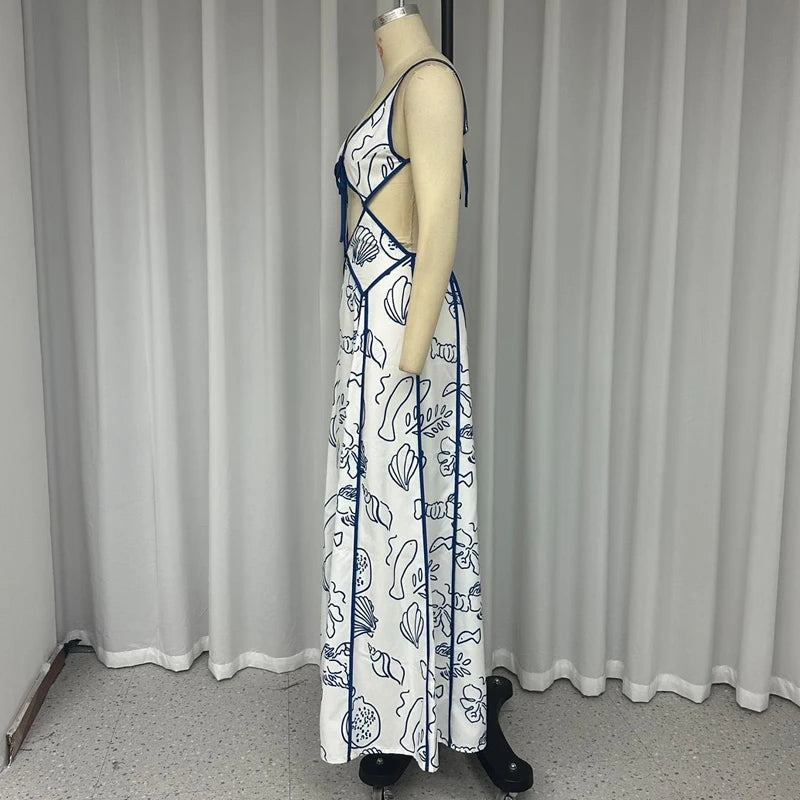 Printed Hollow Out Sleeveless Maxi Dress