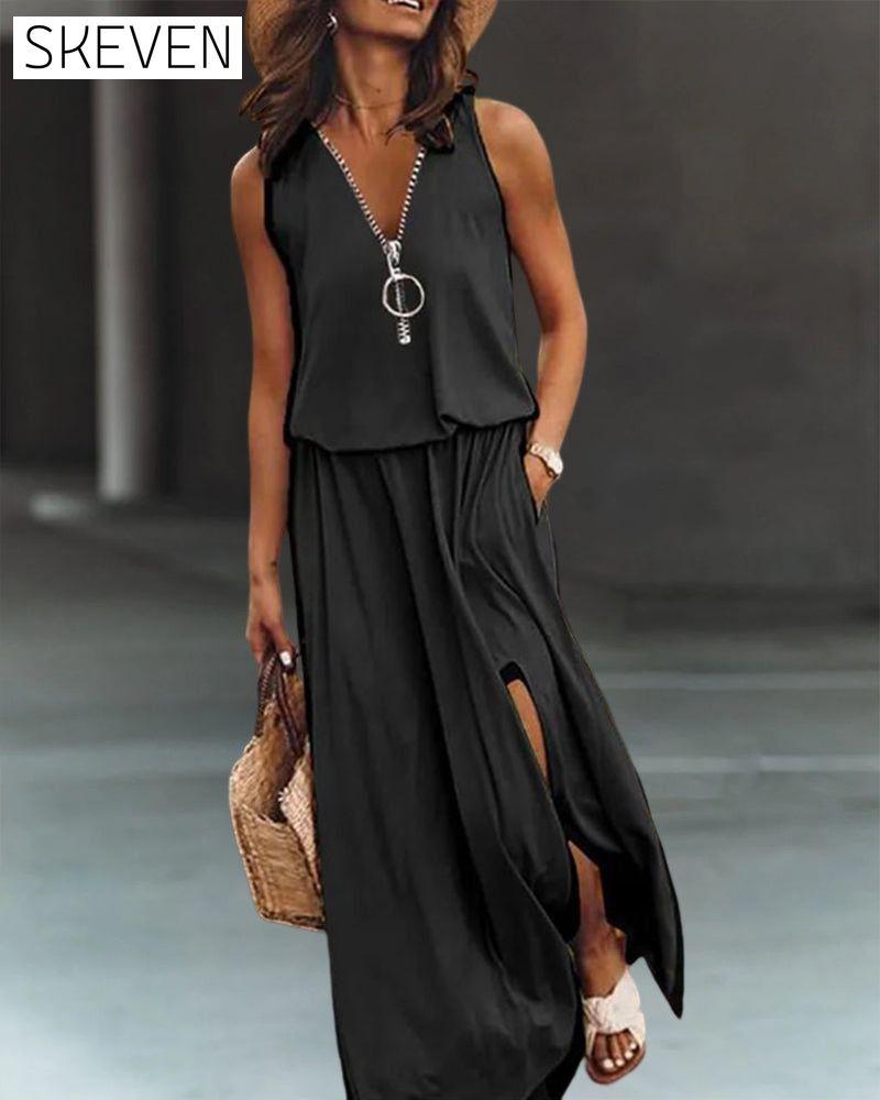 V Neck Zipper Dress