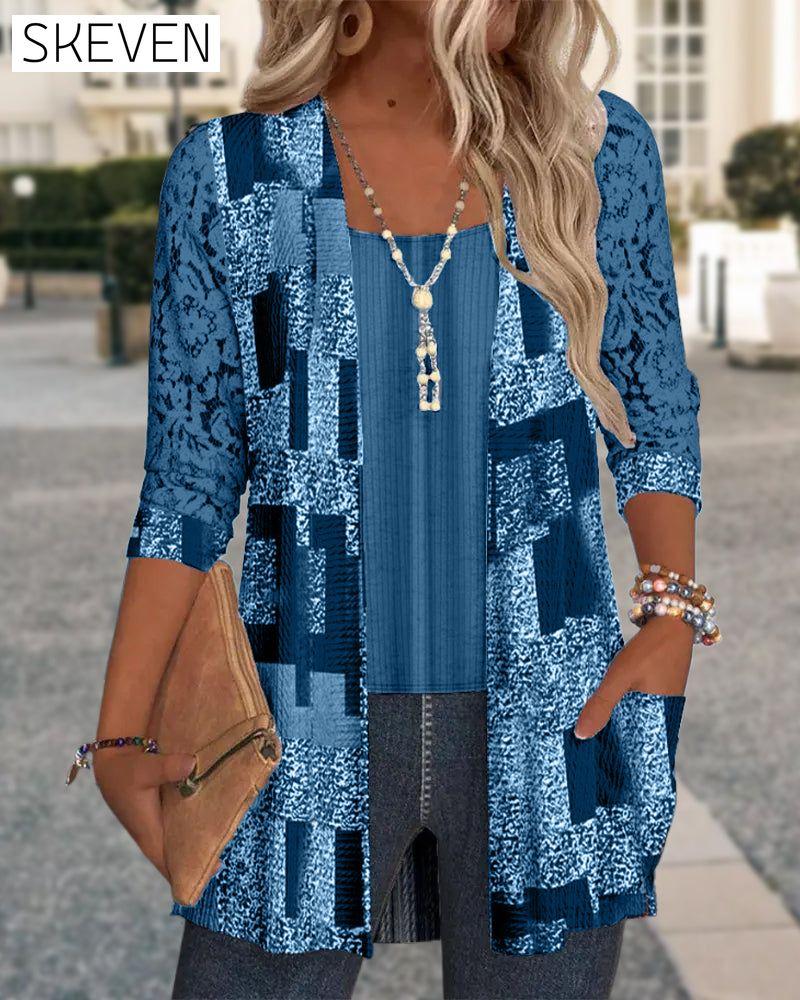 Faux Two-Piece Printed Long-Sleeved Blouse