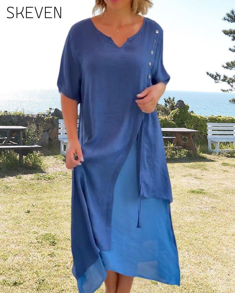 Casual Asymmetrical Dress with Short Sleeves 23BF Casual Dresses Clothes Dresses Spring Summer