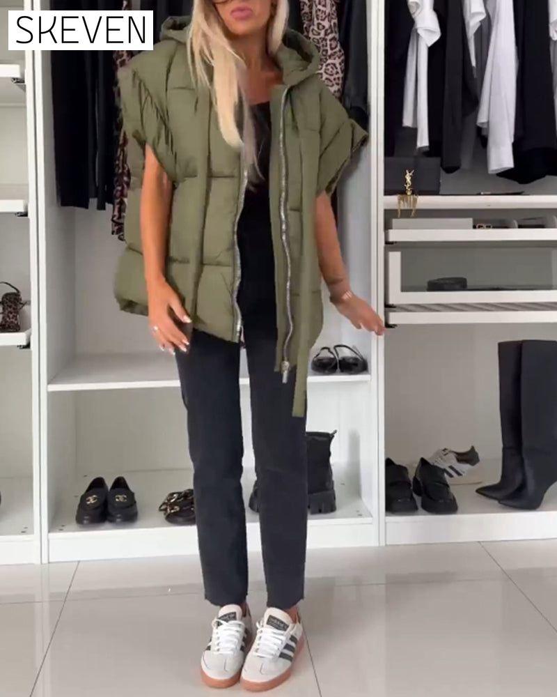 Hooded solid color zipper short sleeve padded jackets