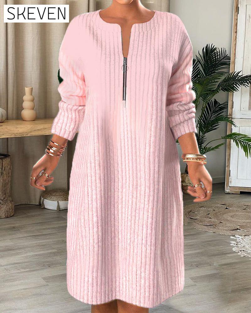 Solid Color Zipper Neck Dress
