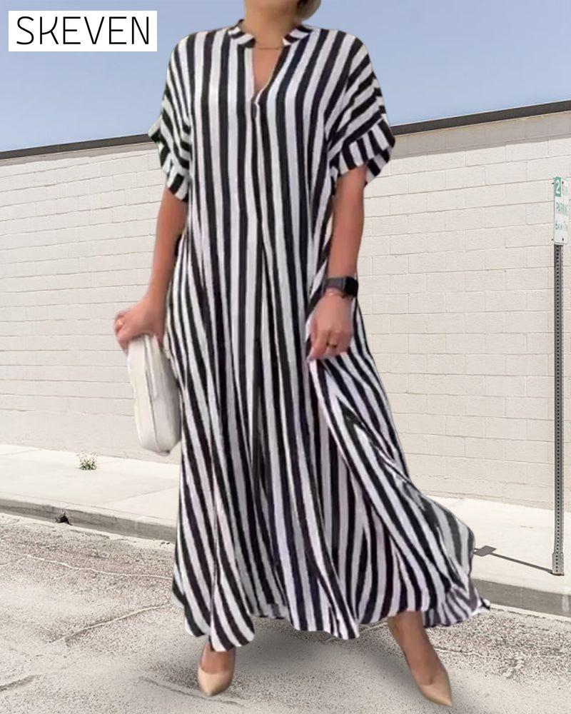 V-neck Shirt Dress in Stripe Print 23BF Casual Dresses Clothes Dresses SALE Spring Summer