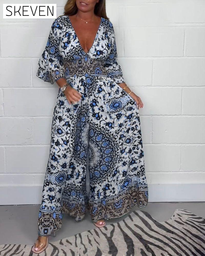 Printed deep V-neck jumpsuit jumpsuits spring summer