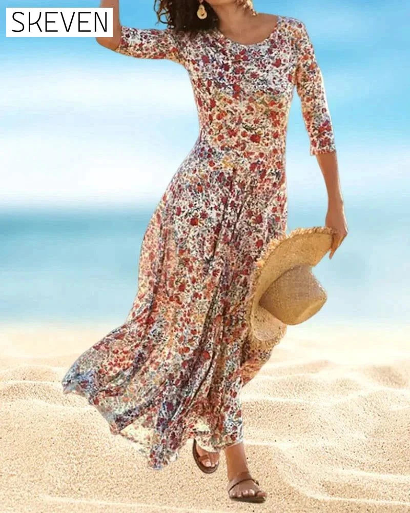 Floral Print Dress with 3/4 Sleeves 23BF Casual Dresses Clothes Dresses