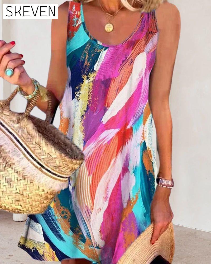 Sleeveless Dress with Color Block Print 23BF Casual Dresses Clothes Dresses Spring Summer Vacation Dresses