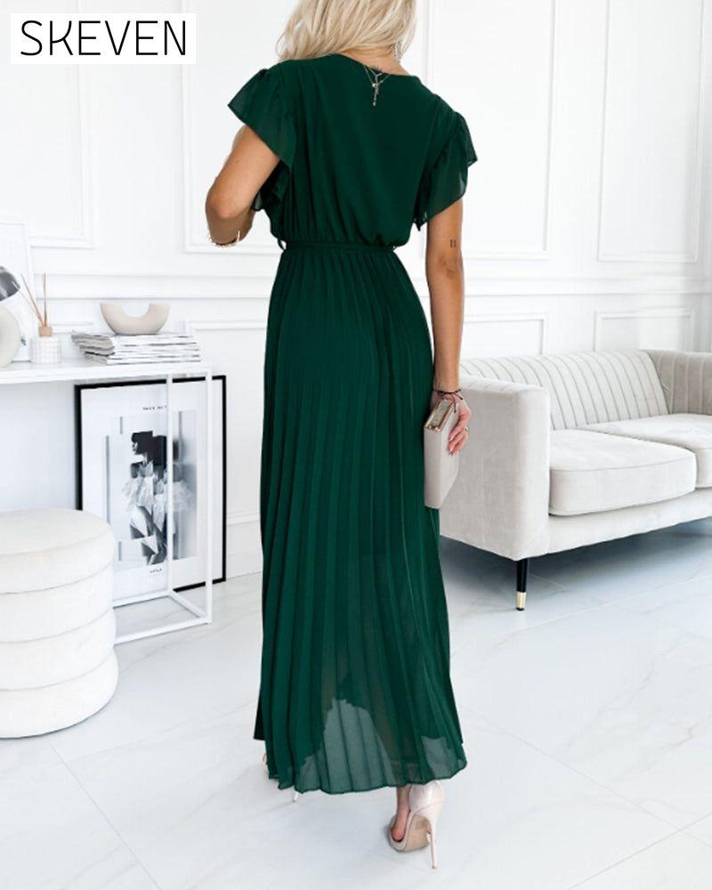 Solid color ruffled sleeves V-neck elegant dress casual dresses summer
