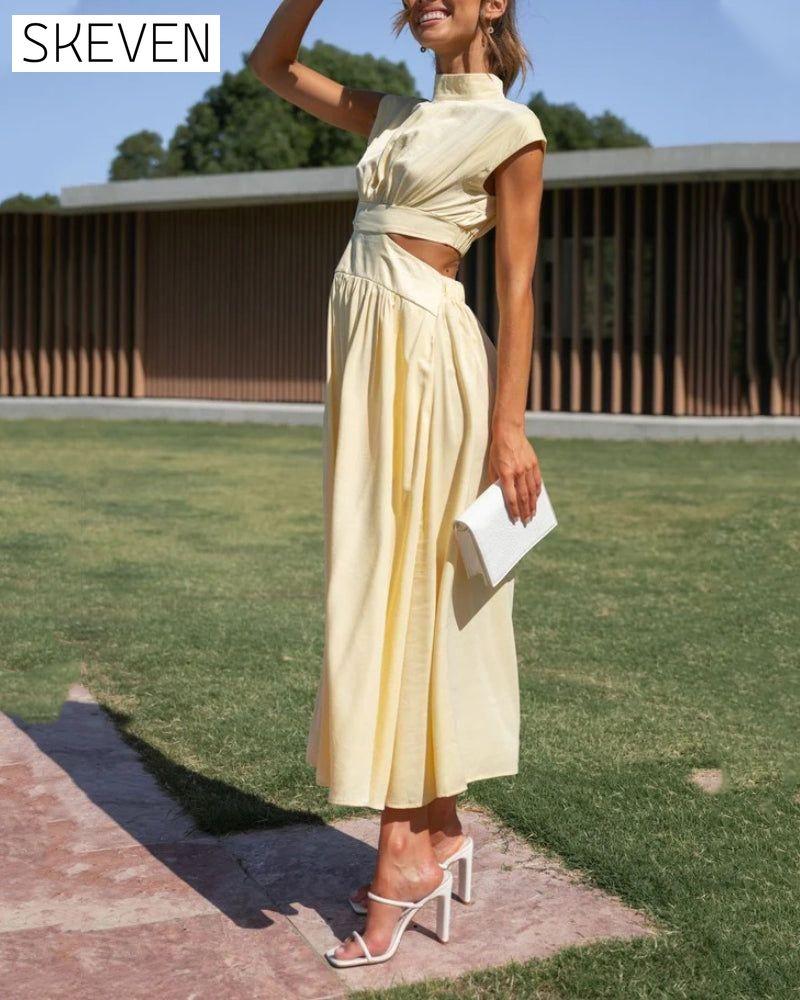 Stand collar off waist solid color long dress 23BF Casual Dresses Clothes Dresses Summer