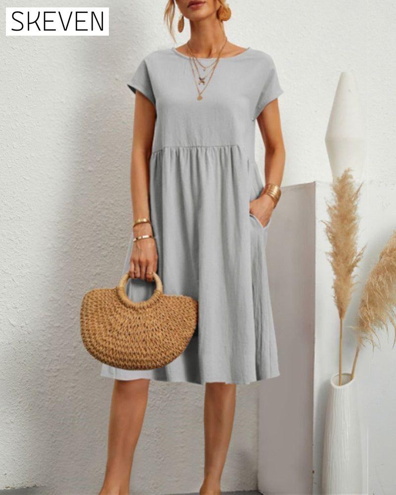 Round neck loose cotton and linen dress Gray 23BF casual dresses Clothes Cotton and Linen discount Dresses Spring summer