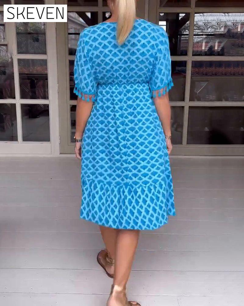 Printed v-neck fringed dress