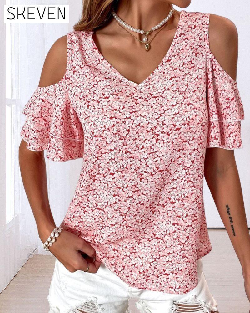 Cold Shoulder Floral Print  T-shirt