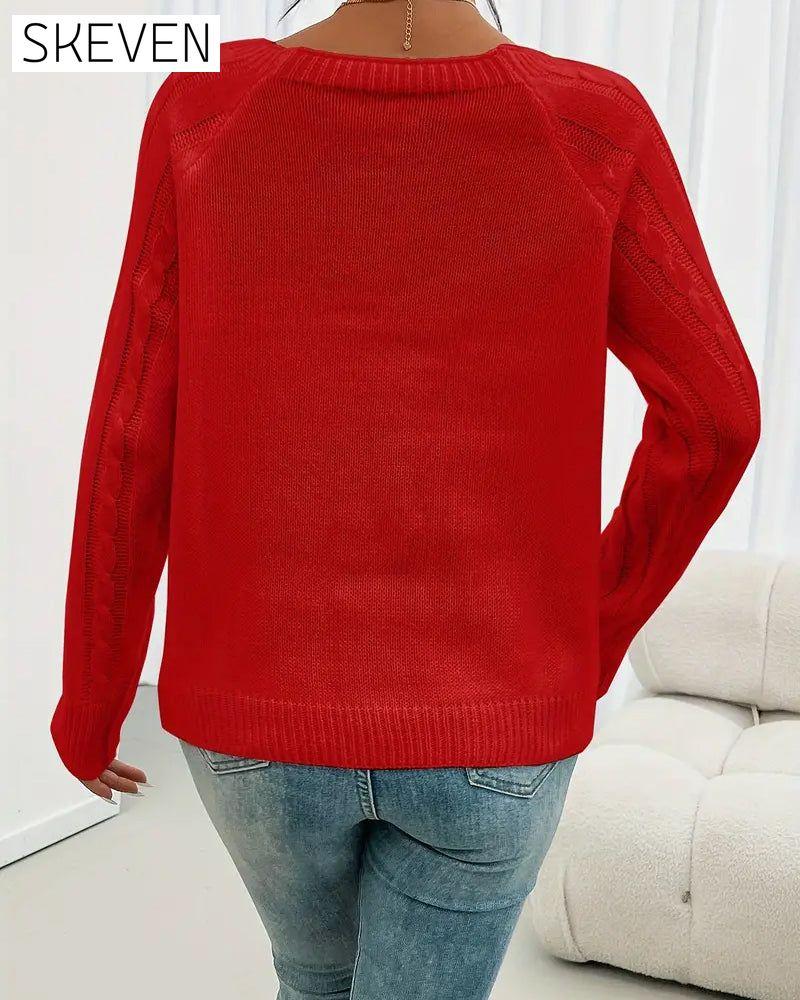 Solid Raglan Sleeve Buckle Cable Knit Jumper