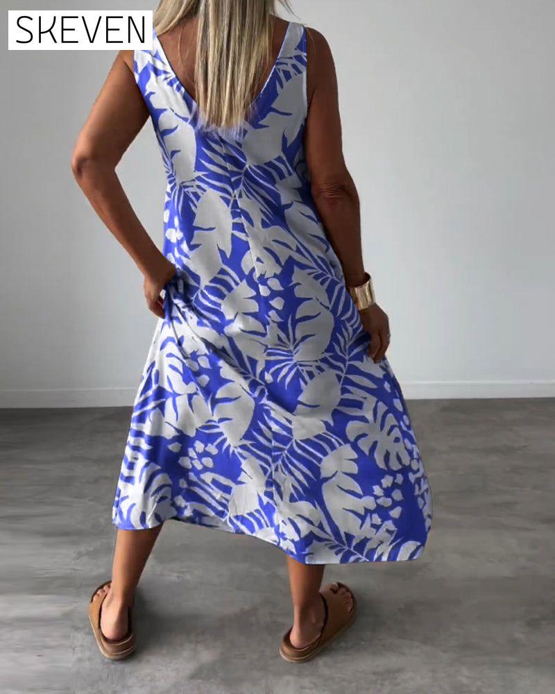 Leaf print casual sleeveless dress