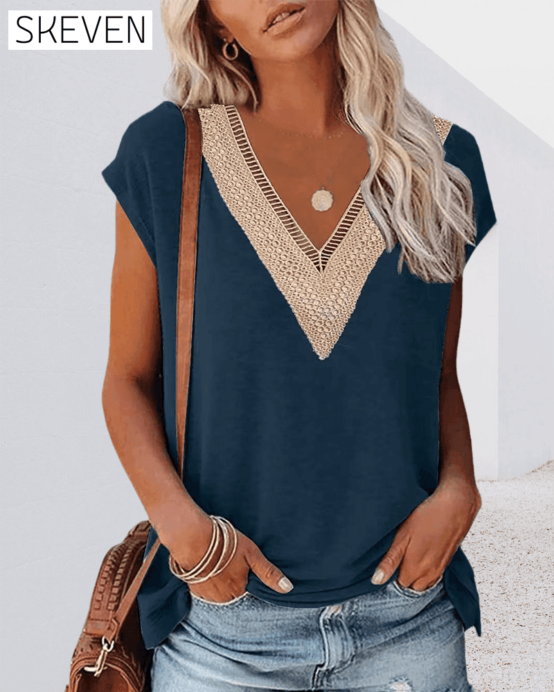 V-neck lace T-shirt 23BF clothes Short Sleeve Tops Spring Summer T-shirts Tops/Blouses